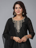 Juniper Women Black Chanderi Printed with Embroidery Kurta, Pants & Dupatta Set | Grocsy