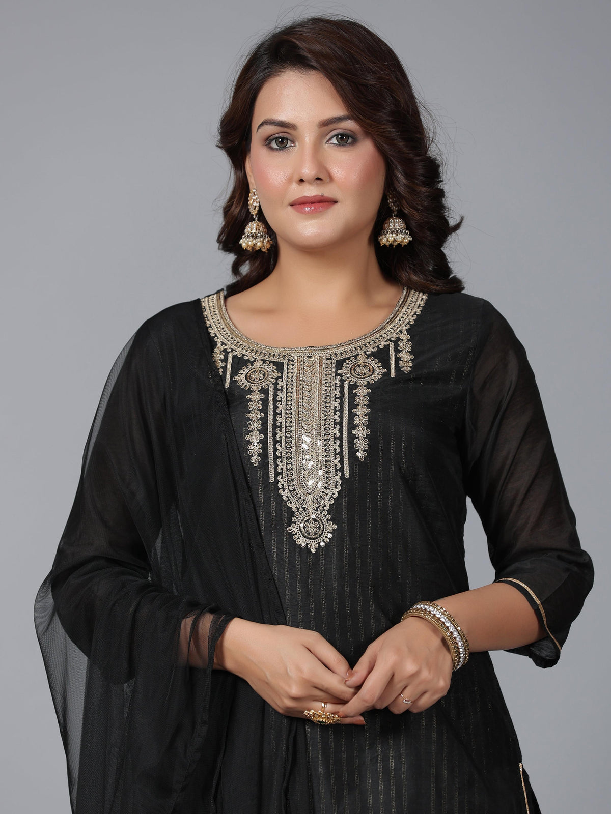Juniper Women Black Chanderi Printed with Embroidery Kurta, Pants & Dupatta Set | Grocsy