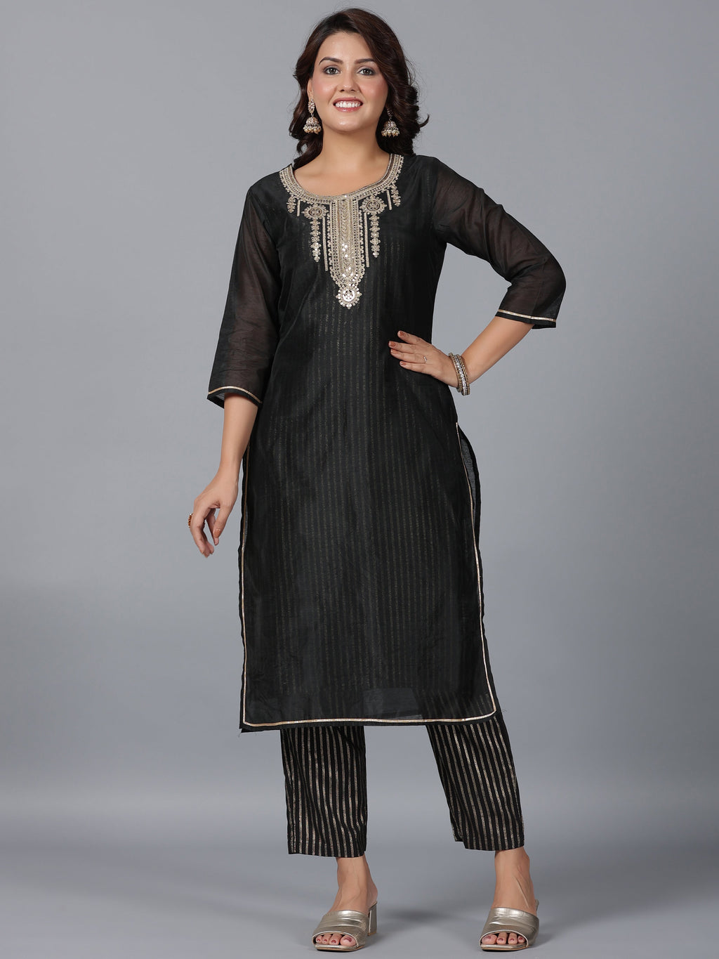 Juniper Women Black Chanderi Printed with Embroidery Kurta, Pants & Dupatta Set | Grocsy