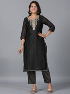 Juniper Women Black Chanderi Printed with Embroidery Kurta, Pants & Dupatta Set | Grocsy