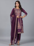 Juniper Women Purple Chanderi Printed Kurta Pants & Dupatta Set | Grocsy