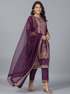 Juniper Women Purple Chanderi Printed Kurta Pants & Dupatta Set | Grocsy