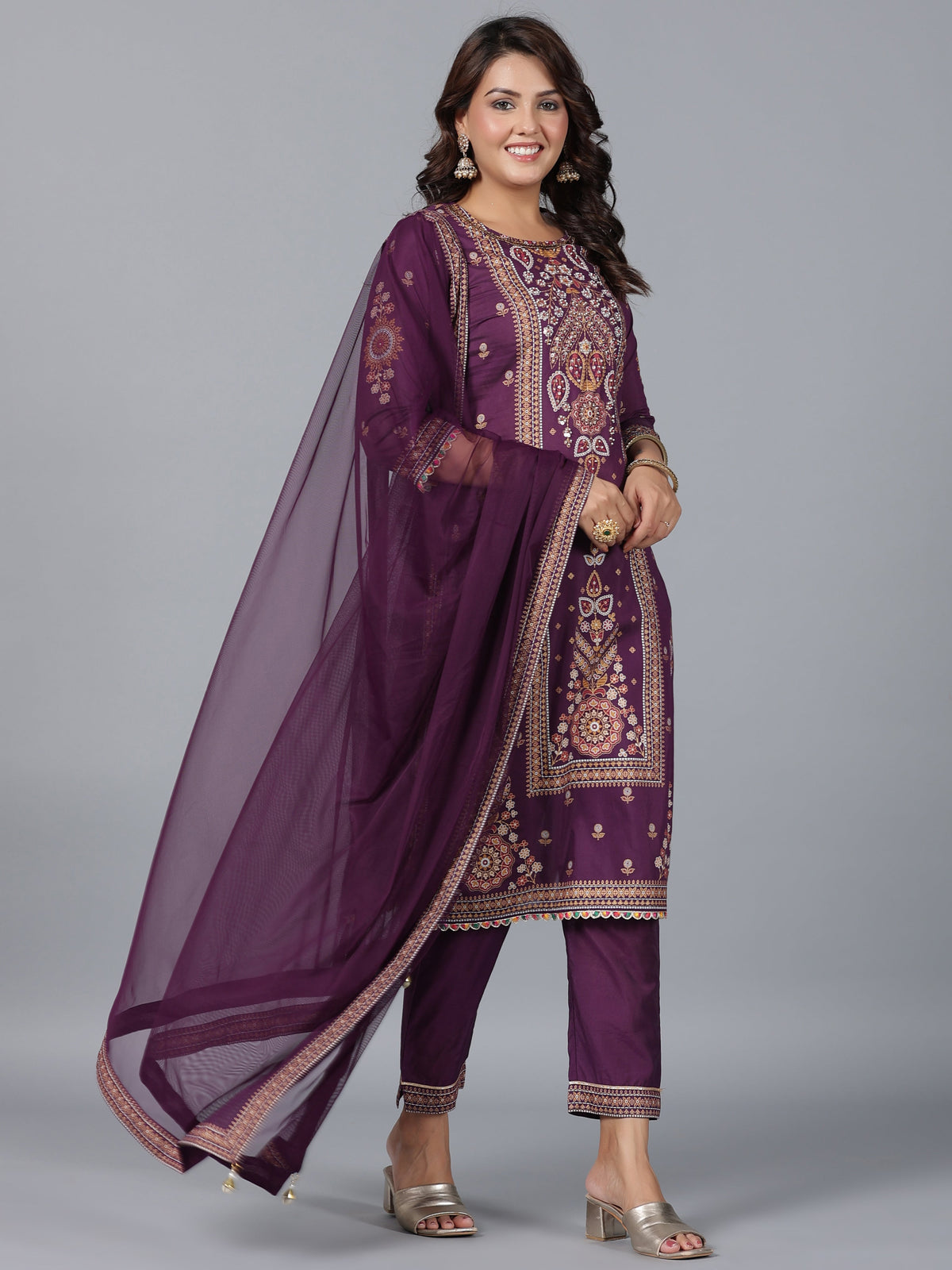 Juniper Women Purple Chanderi Printed Kurta Pants & Dupatta Set | Grocsy