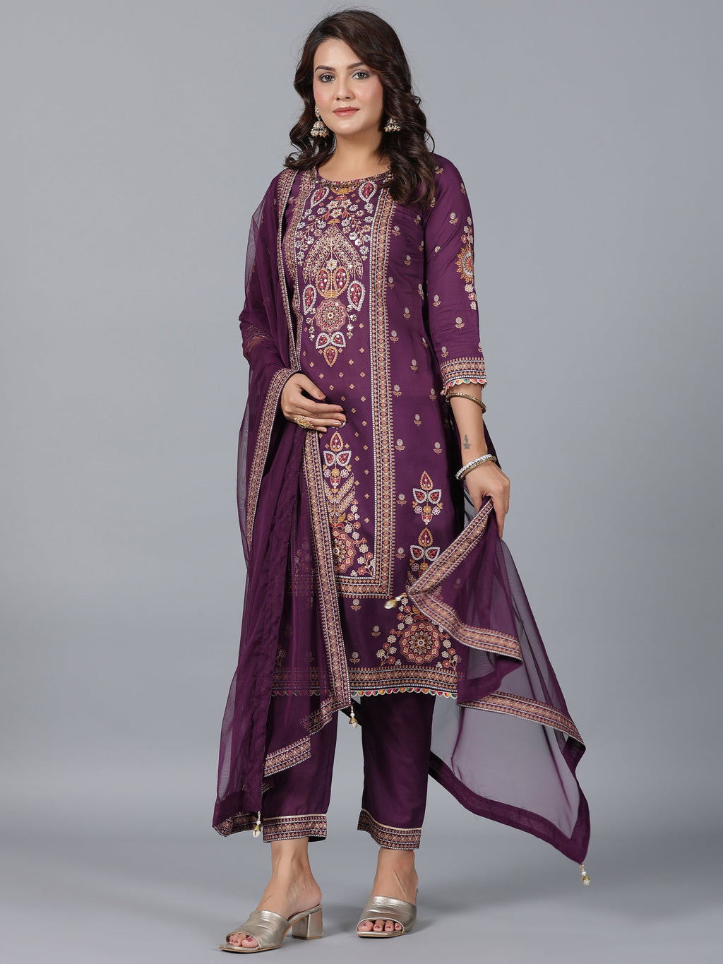 Juniper Women Purple Chanderi Printed Kurta Pants & Dupatta Set | Grocsy