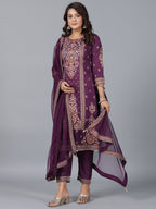 Juniper Women Purple Chanderi Printed Kurta Pants & Dupatta Set | Grocsy