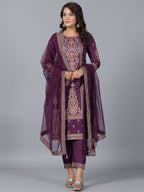 Juniper Women Purple Chanderi Printed Kurta Pants & Dupatta Set | Grocsy
