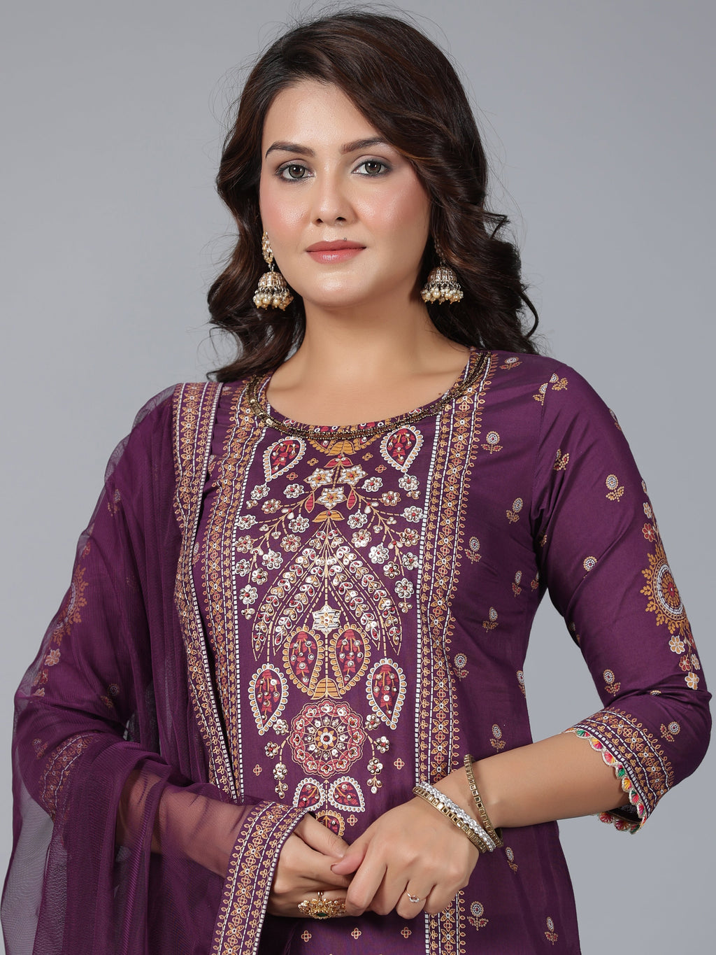 Juniper Women Purple Chanderi Printed Kurta Pants & Dupatta Set | Grocsy