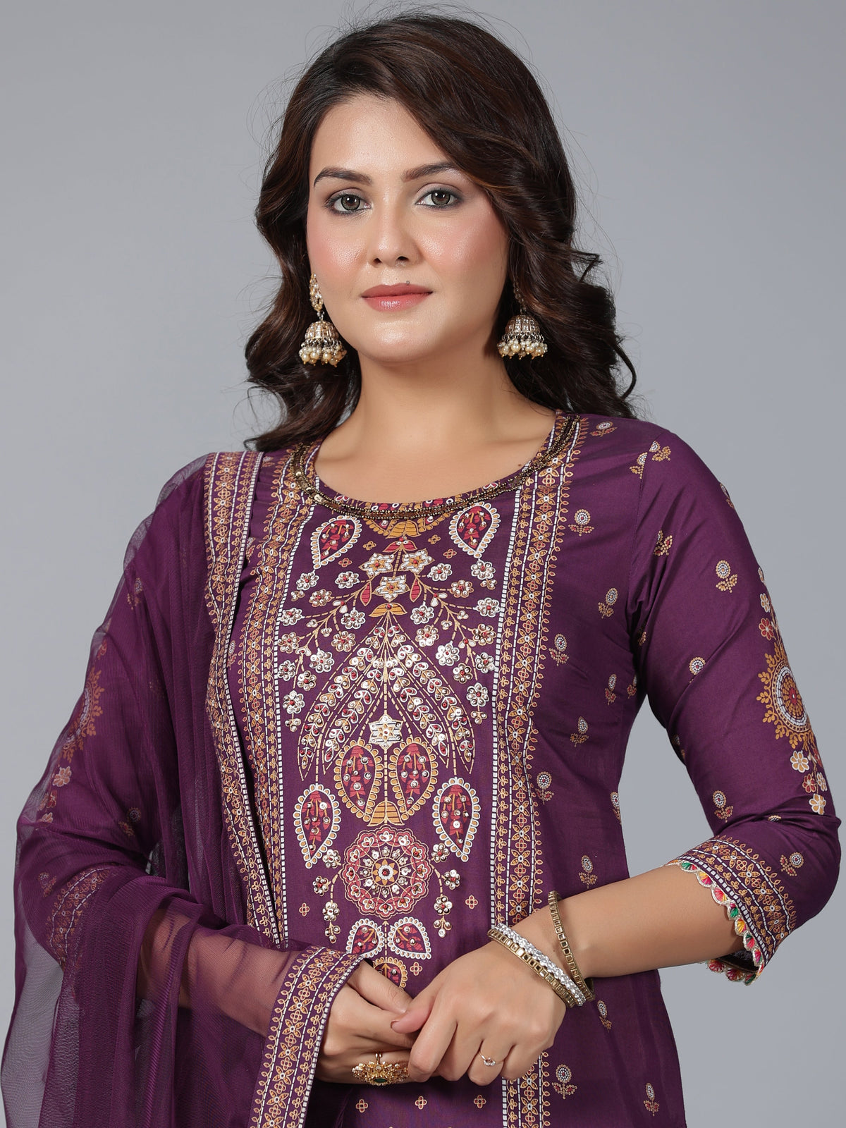 Juniper Women Purple Chanderi Printed Kurta Pants & Dupatta Set | Grocsy