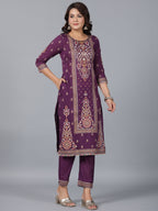 Juniper Women Purple Chanderi Printed Kurta Pants & Dupatta Set | Grocsy