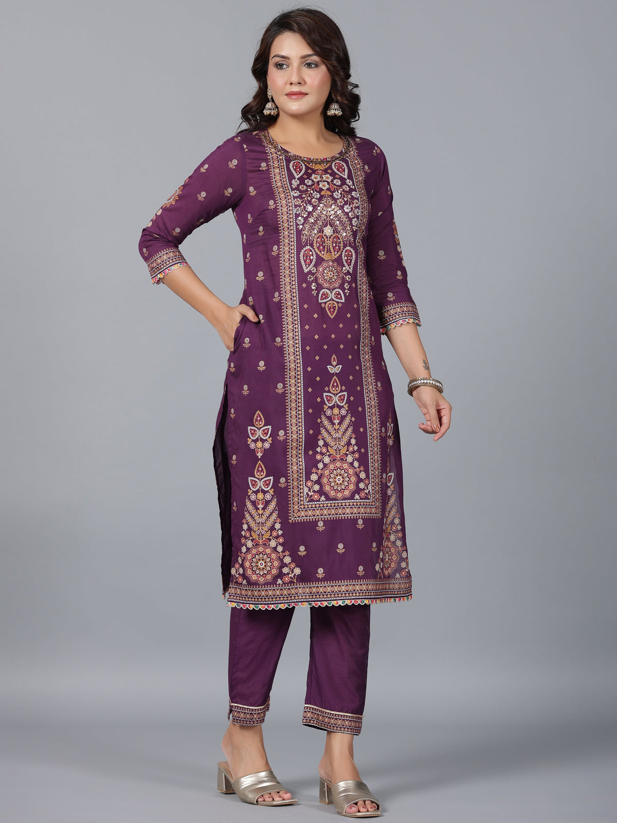 Juniper Women Purple Chanderi Printed Kurta Pants & Dupatta Set | Grocsy