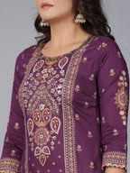 Juniper Women Purple Chanderi Printed Kurta Pants & Dupatta Set | Grocsy