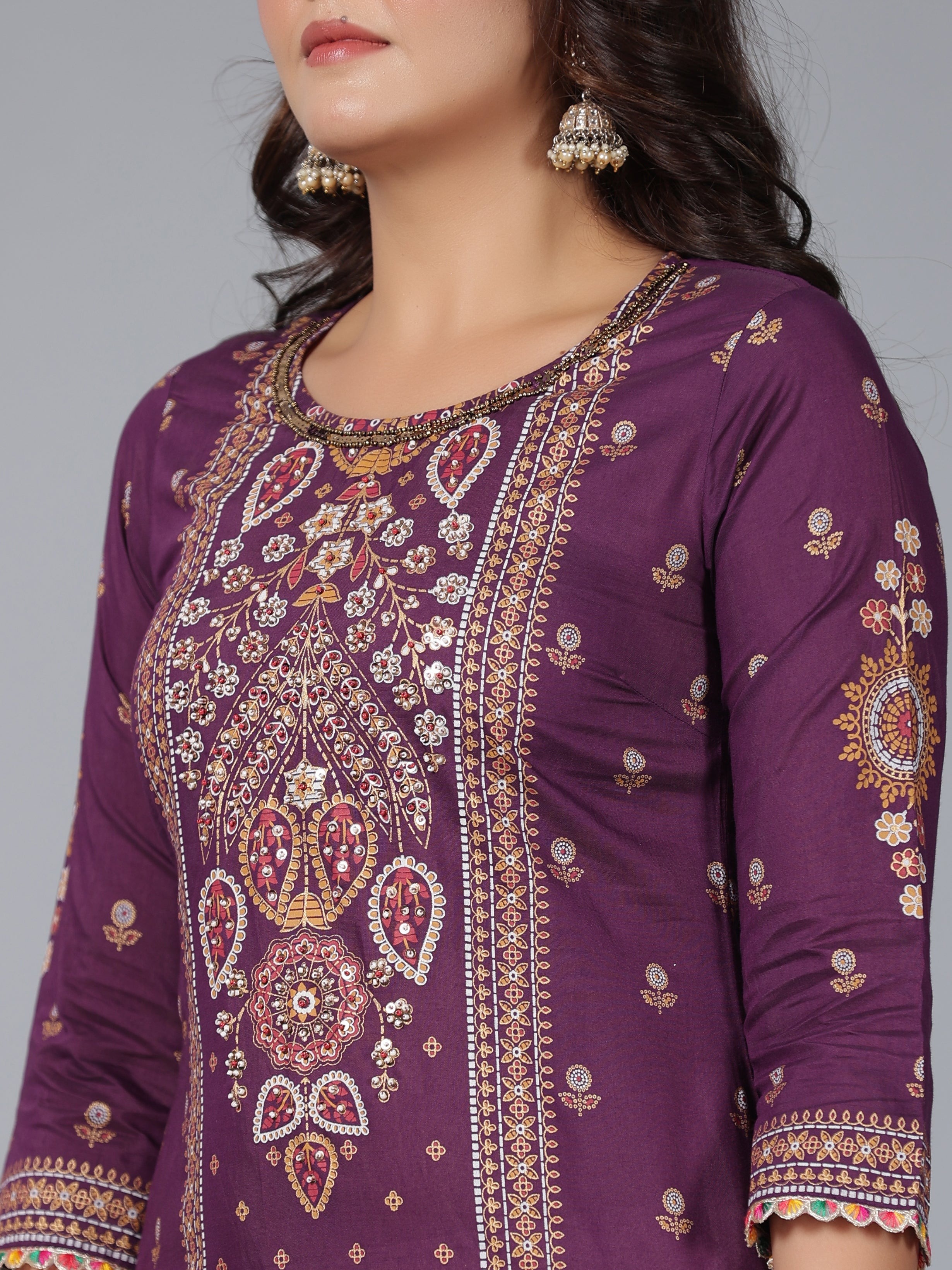 Juniper Women Purple Chanderi Printed Kurta Pants & Dupatta Set | Grocsy