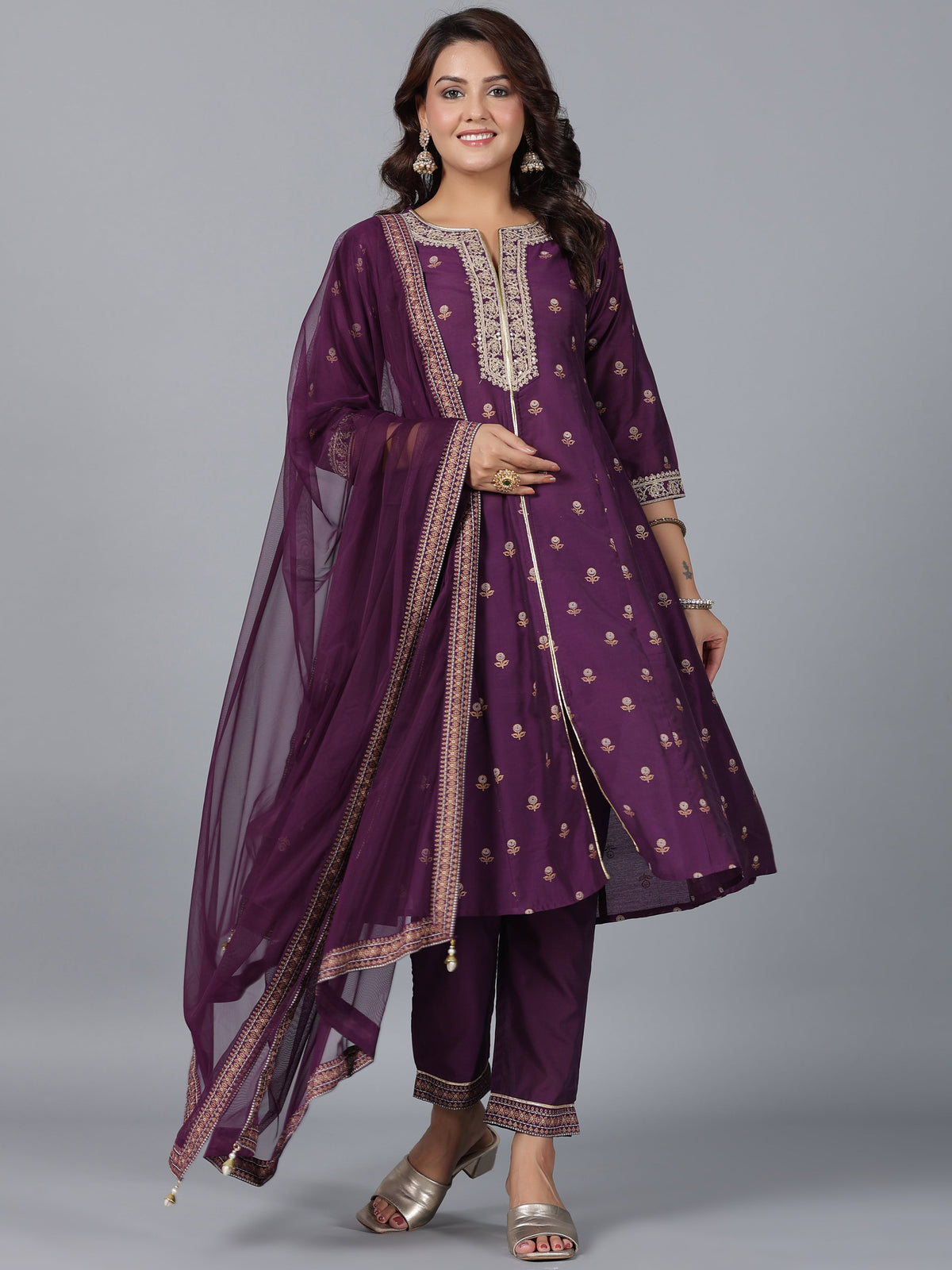 Juniper Women Purple Chanderi Printed with Embroidery Kurta, Pants & Dupatta Sets | Grocsy