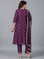 Juniper Women Purple Chanderi Printed with Embroidery Kurta, Pants & Dupatta Sets | Grocsy