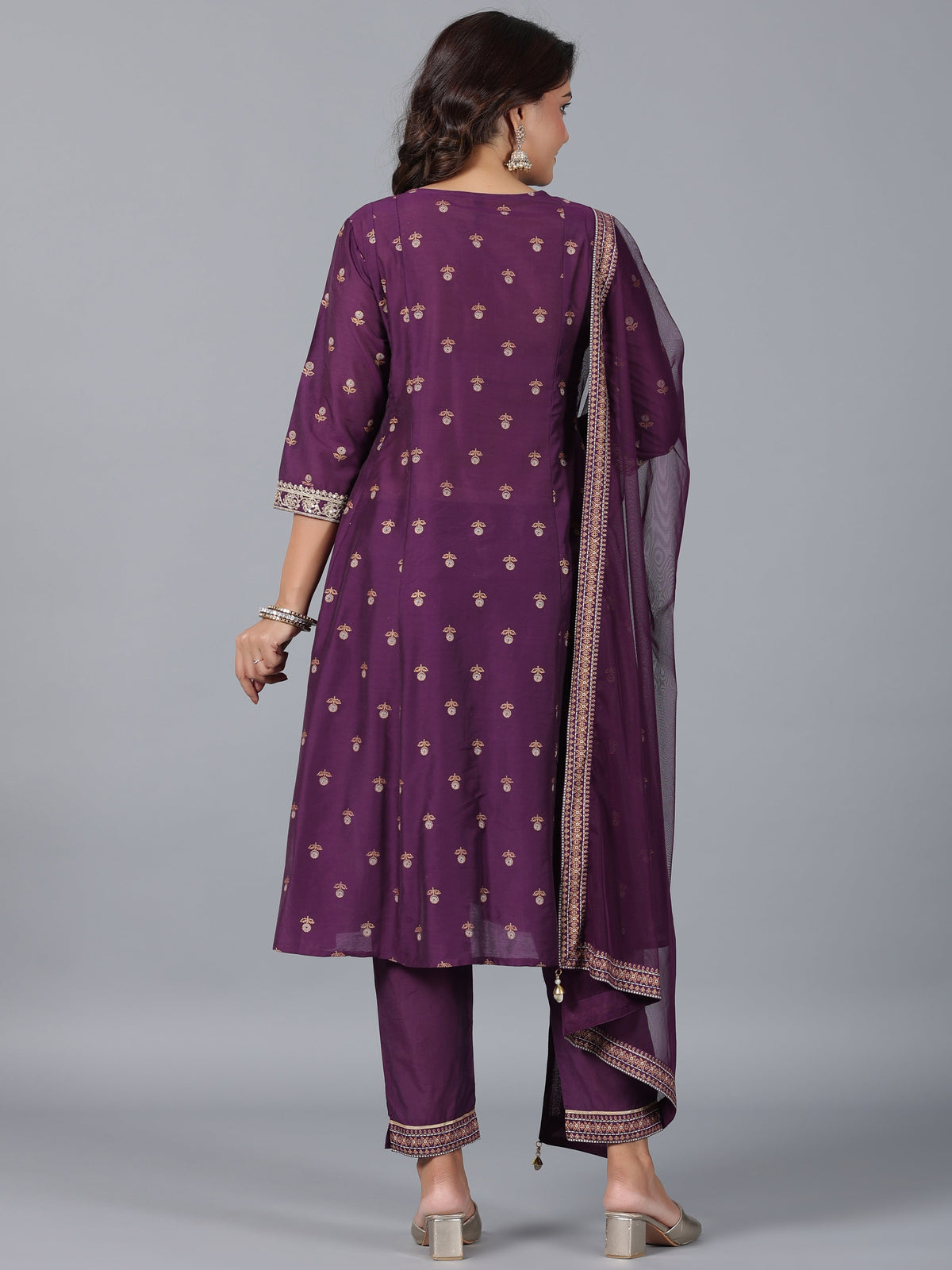 Juniper Women Purple Chanderi Printed with Embroidery Kurta, Pants & Dupatta Sets | Grocsy