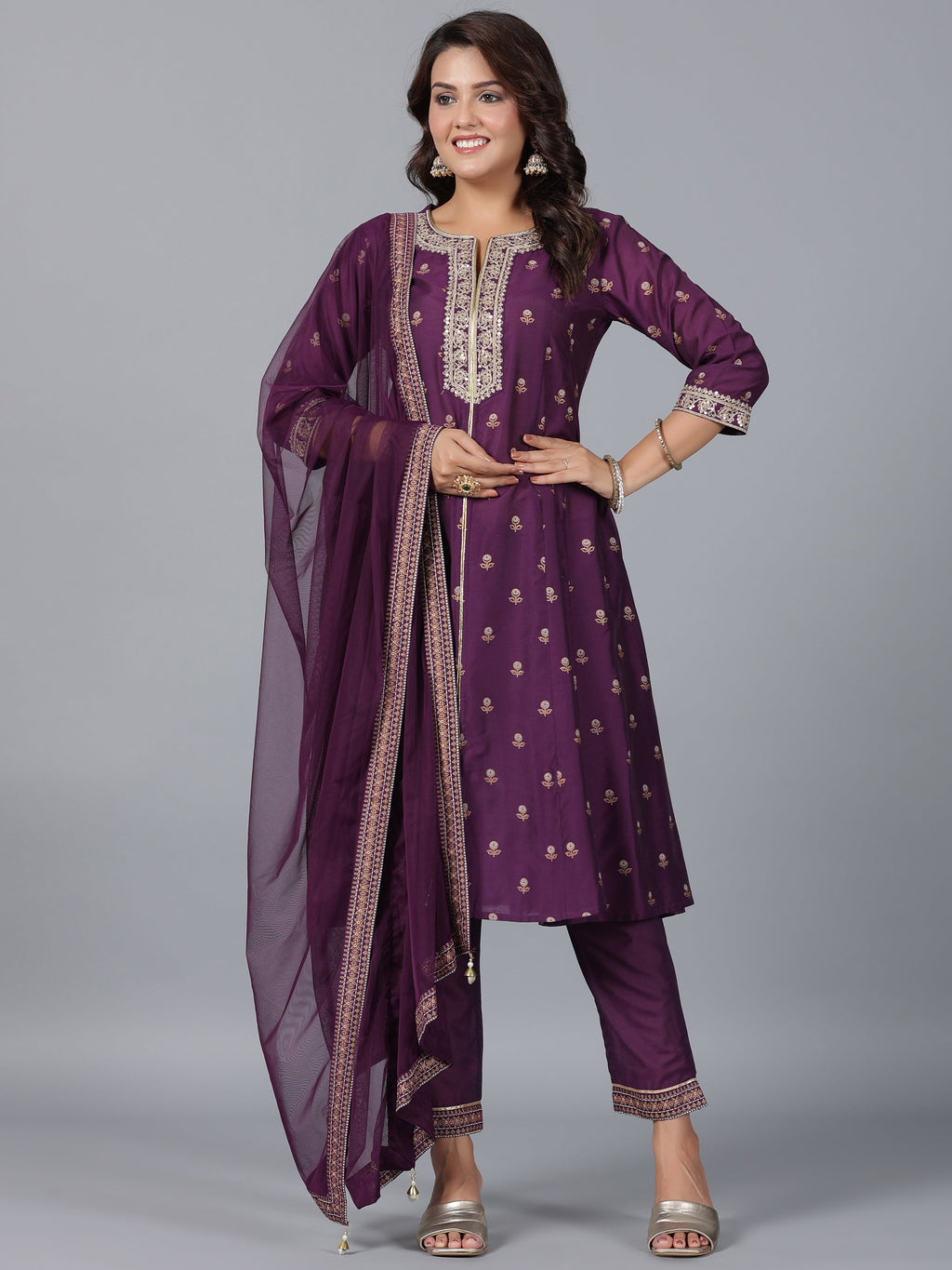 Juniper Women Purple Chanderi Printed with Embroidery Kurta, Pants & Dupatta Sets | Grocsy
