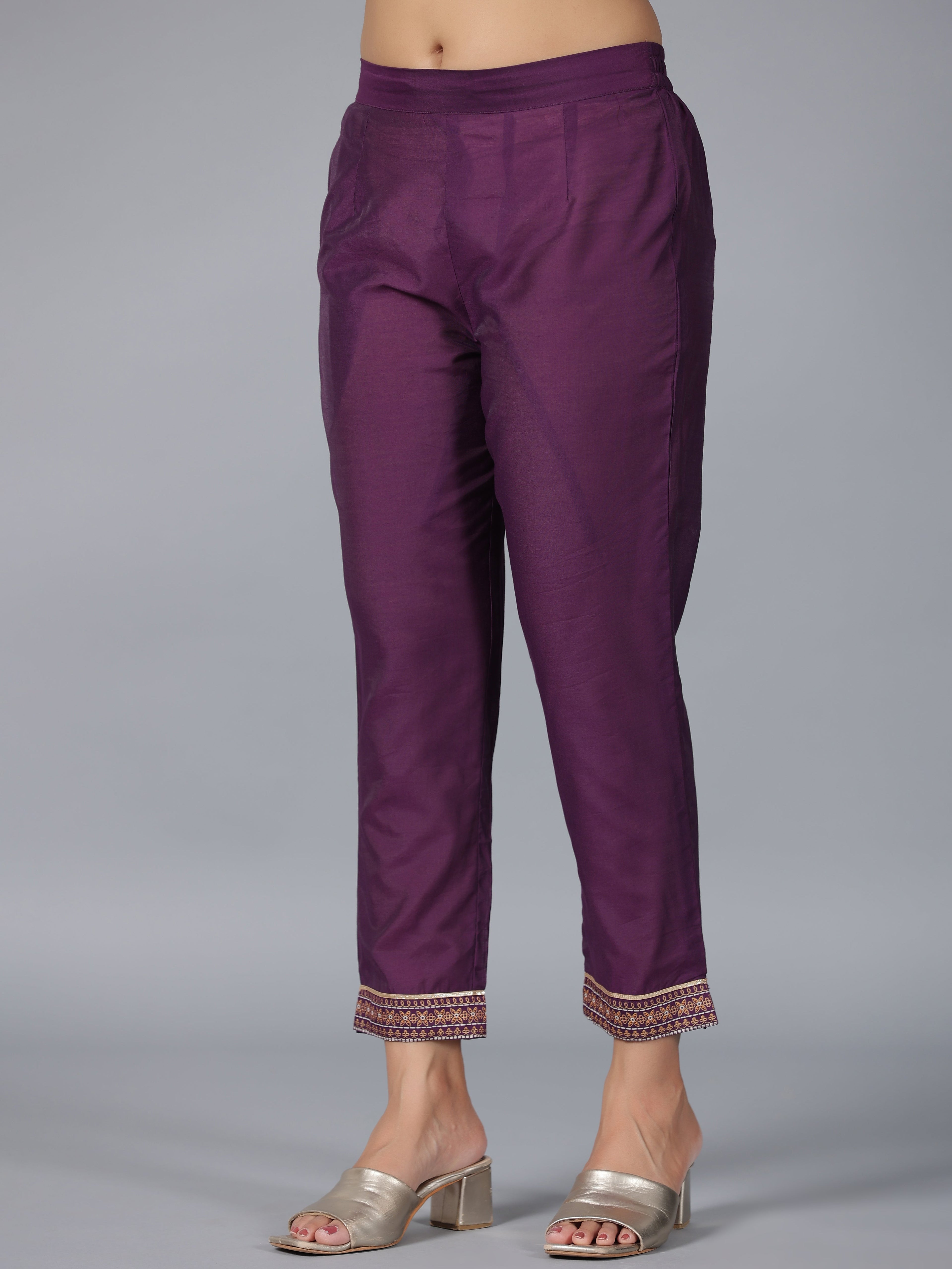 Juniper Women Purple Chanderi Printed with Embroidery Kurta, Pants & Dupatta Sets | Grocsy