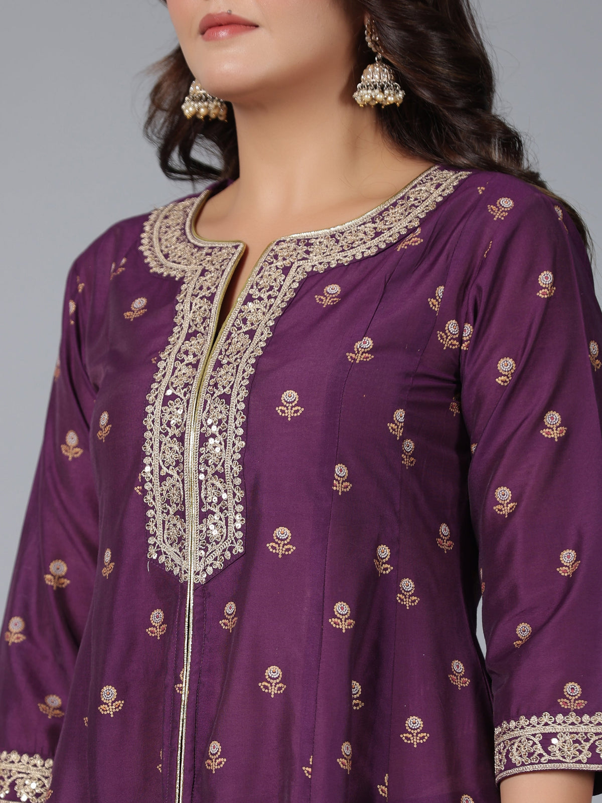 Juniper Women Purple Chanderi Printed with Embroidery Kurta, Pants & Dupatta Sets | Grocsy