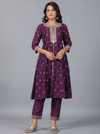 Juniper Women Purple Chanderi Printed with Embroidery Kurta, Pants & Dupatta Sets | Grocsy