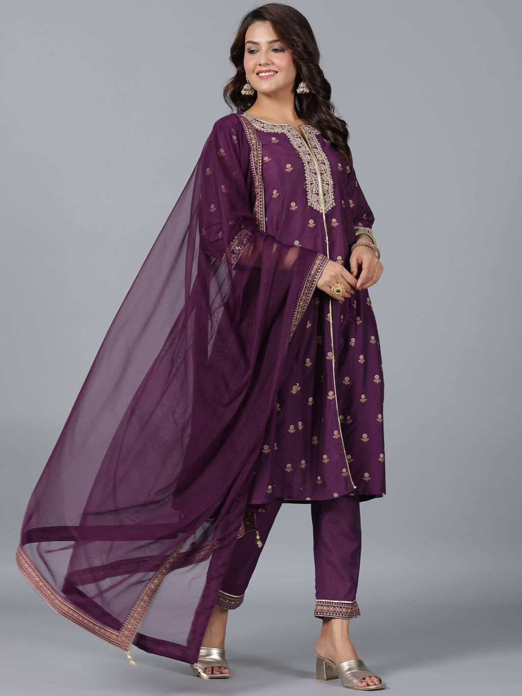 Juniper Women Purple Chanderi Printed with Embroidery Kurta, Pants & Dupatta Sets | Grocsy
