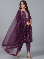Juniper Women Purple Chanderi Printed with Embroidery Kurta, Pants & Dupatta Sets | Grocsy