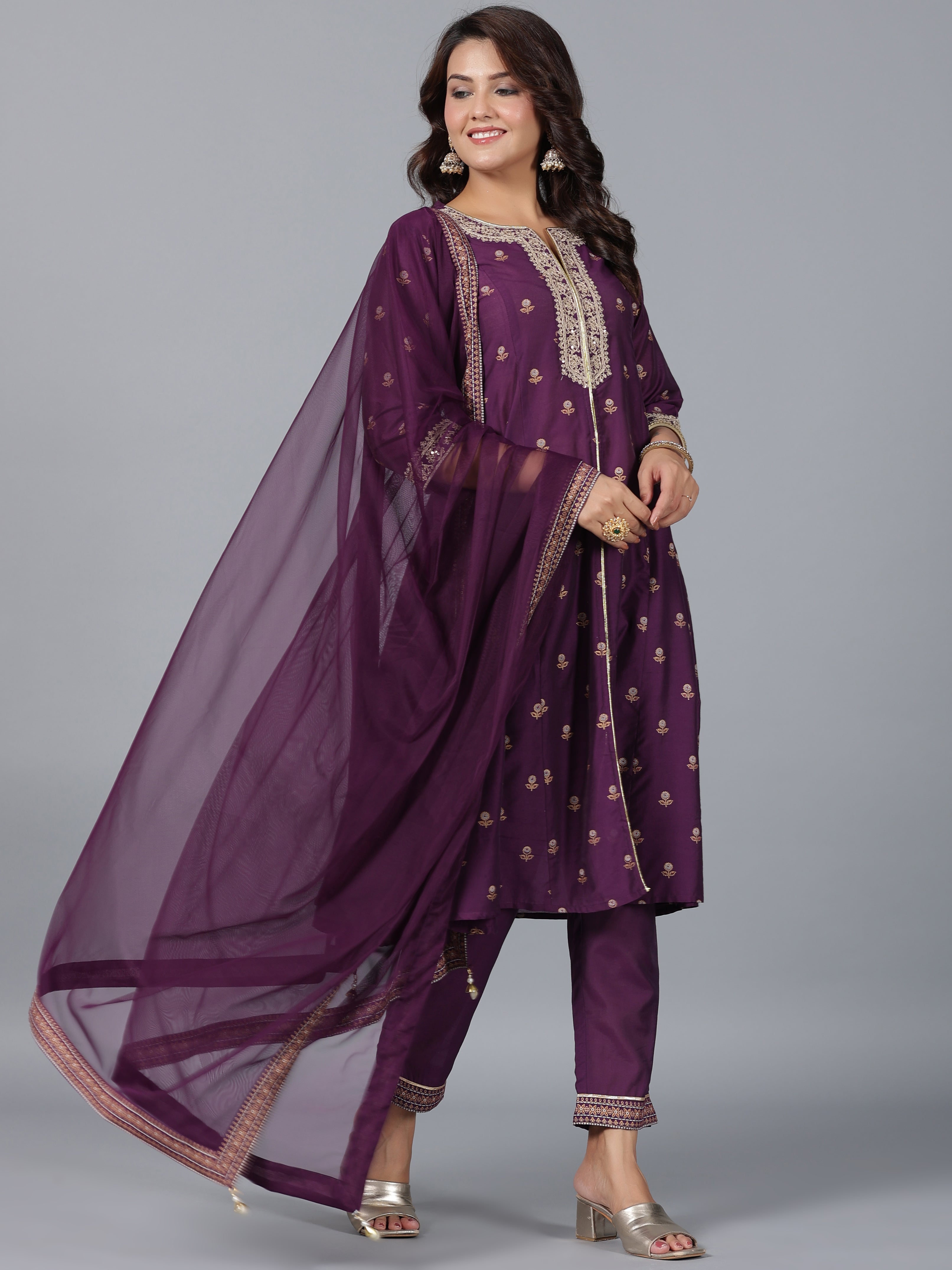 Juniper Women Purple Chanderi Printed with Embroidery Kurta, Pants & Dupatta Sets | Grocsy