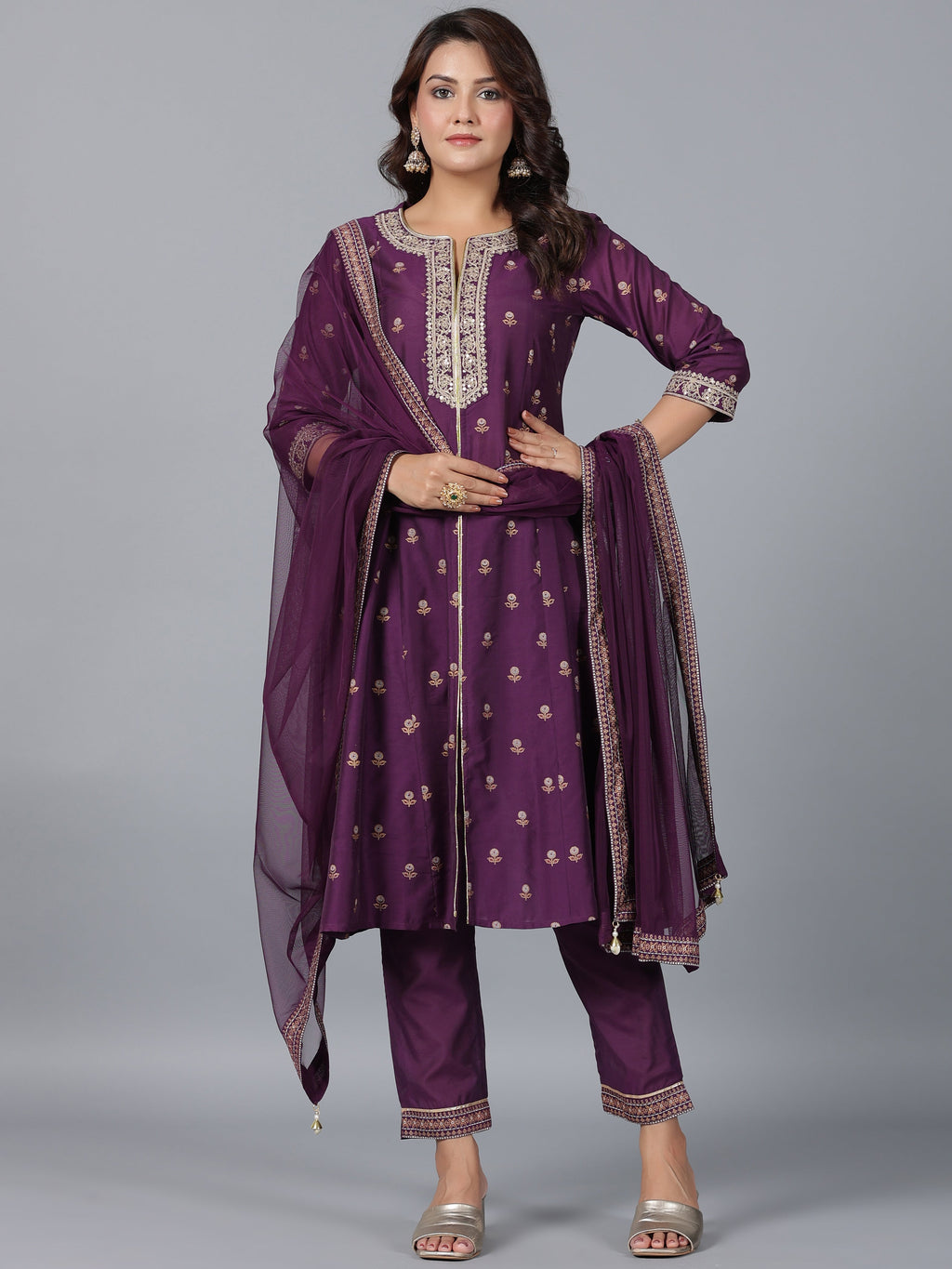 Juniper Women Purple Chanderi Printed with Embroidery Kurta, Pants & Dupatta Sets | Grocsy