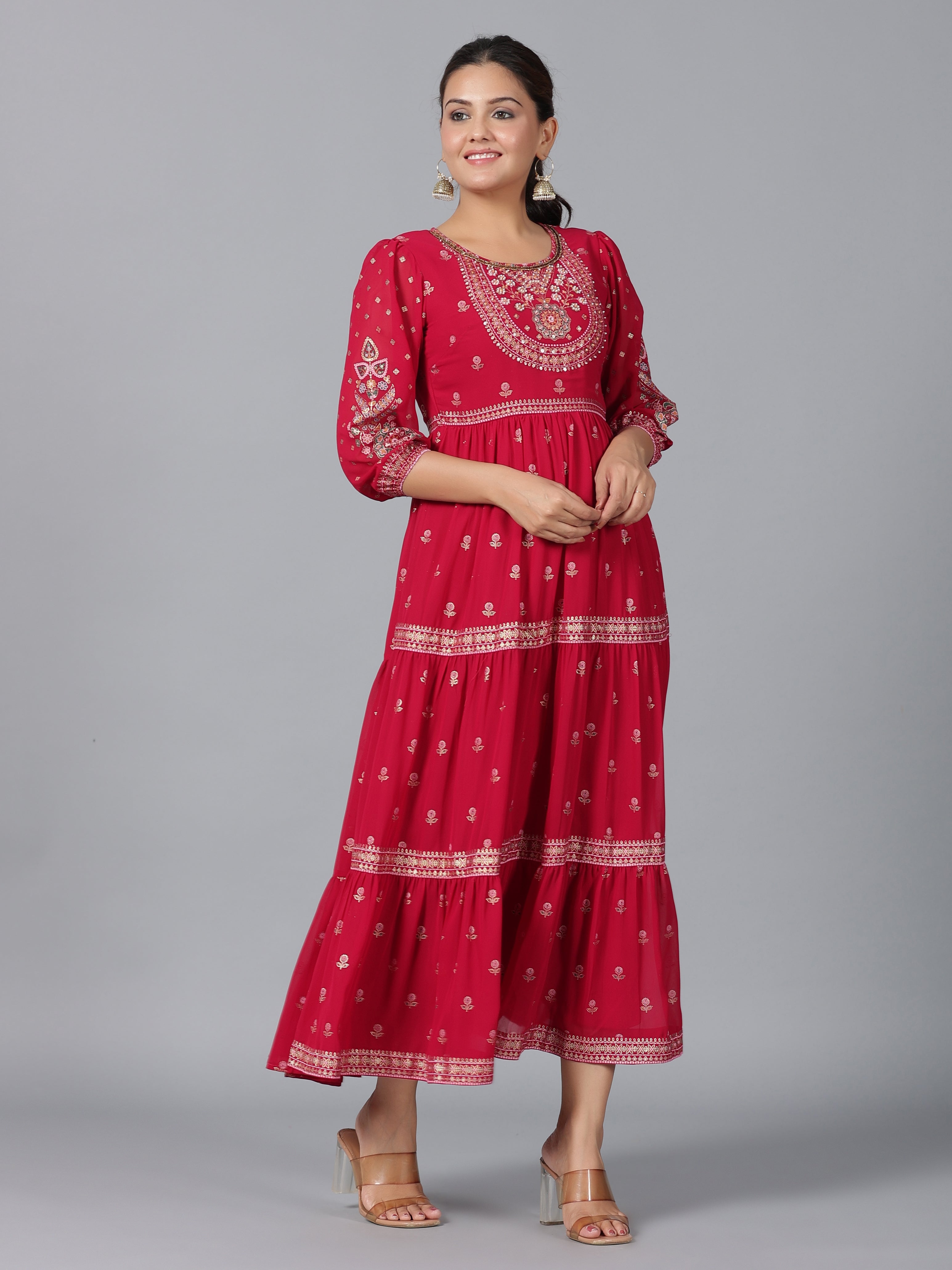Juniper Women Red Georgette Printed Tiered Maxi Dress | Grocsy