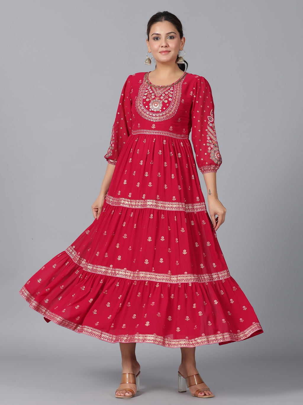 Juniper Women Red Georgette Printed Tiered Maxi Dress | Grocsy