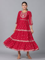 Juniper Women Red Georgette Printed Tiered Maxi Dress | Grocsy