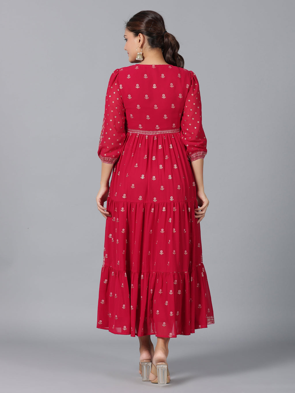 Juniper Women Red Georgette Printed Tiered Maxi Dress | Grocsy