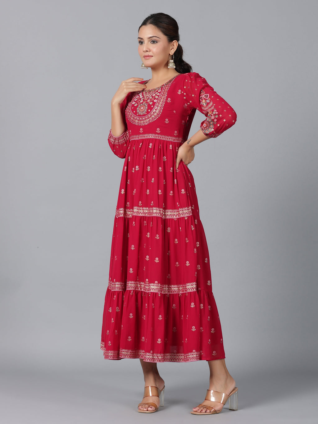 Juniper Women Red Georgette Printed Tiered Maxi Dress | Grocsy