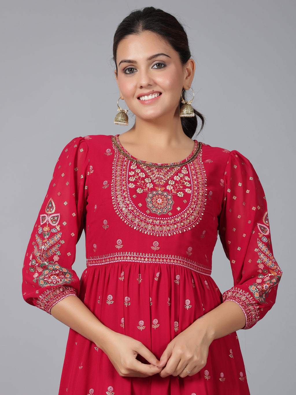 Juniper Women Red Georgette Printed Tiered Maxi Dress | Grocsy