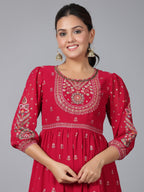 Juniper Women Red Georgette Printed Tiered Maxi Dress | Grocsy