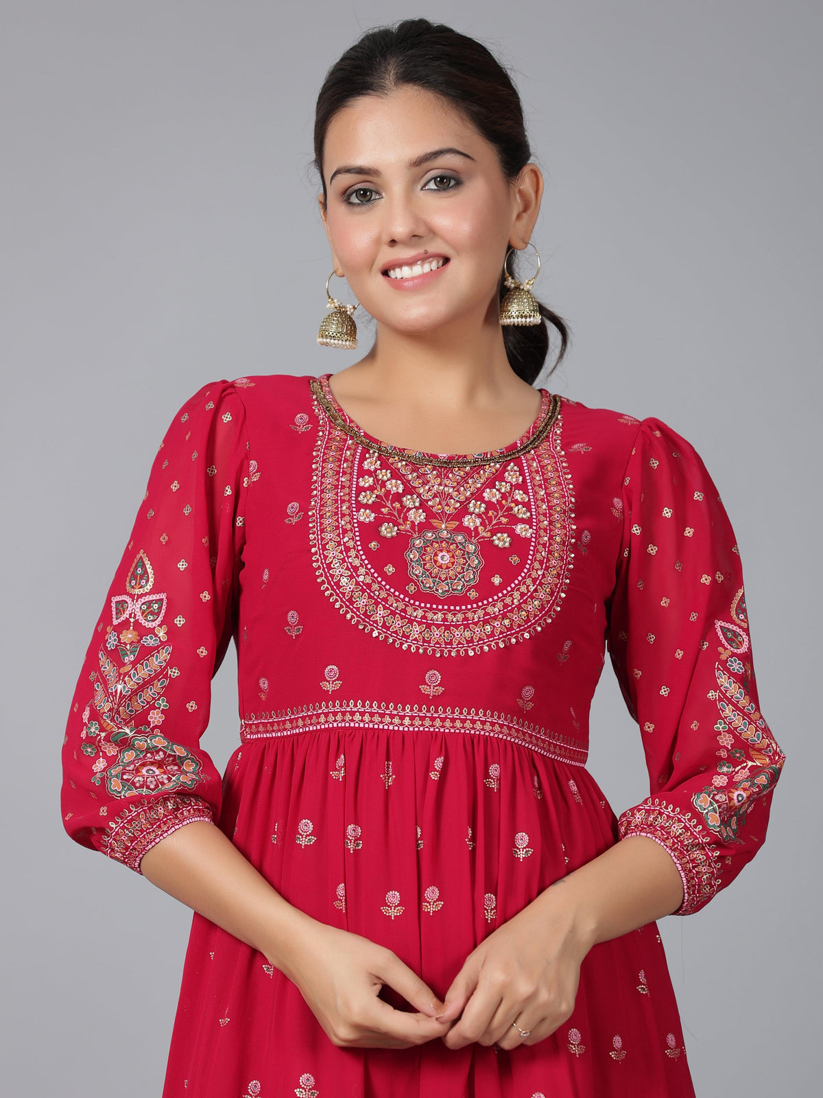 Juniper Women Red Georgette Printed Tiered Maxi Dress | Grocsy