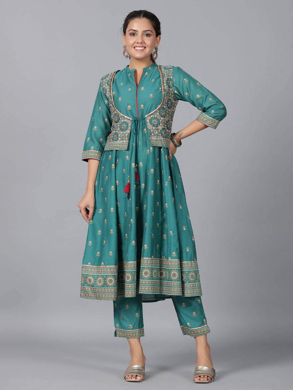Juniper Women Teal Chanderi Printed Kurta& Pants Set | Grocsy