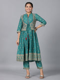 Juniper Women Teal Chanderi Printed Kurta& Pants Set | Grocsy
