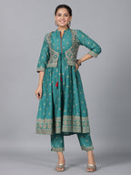 Juniper Women Teal Chanderi Printed Kurta& Pants Set | Grocsy