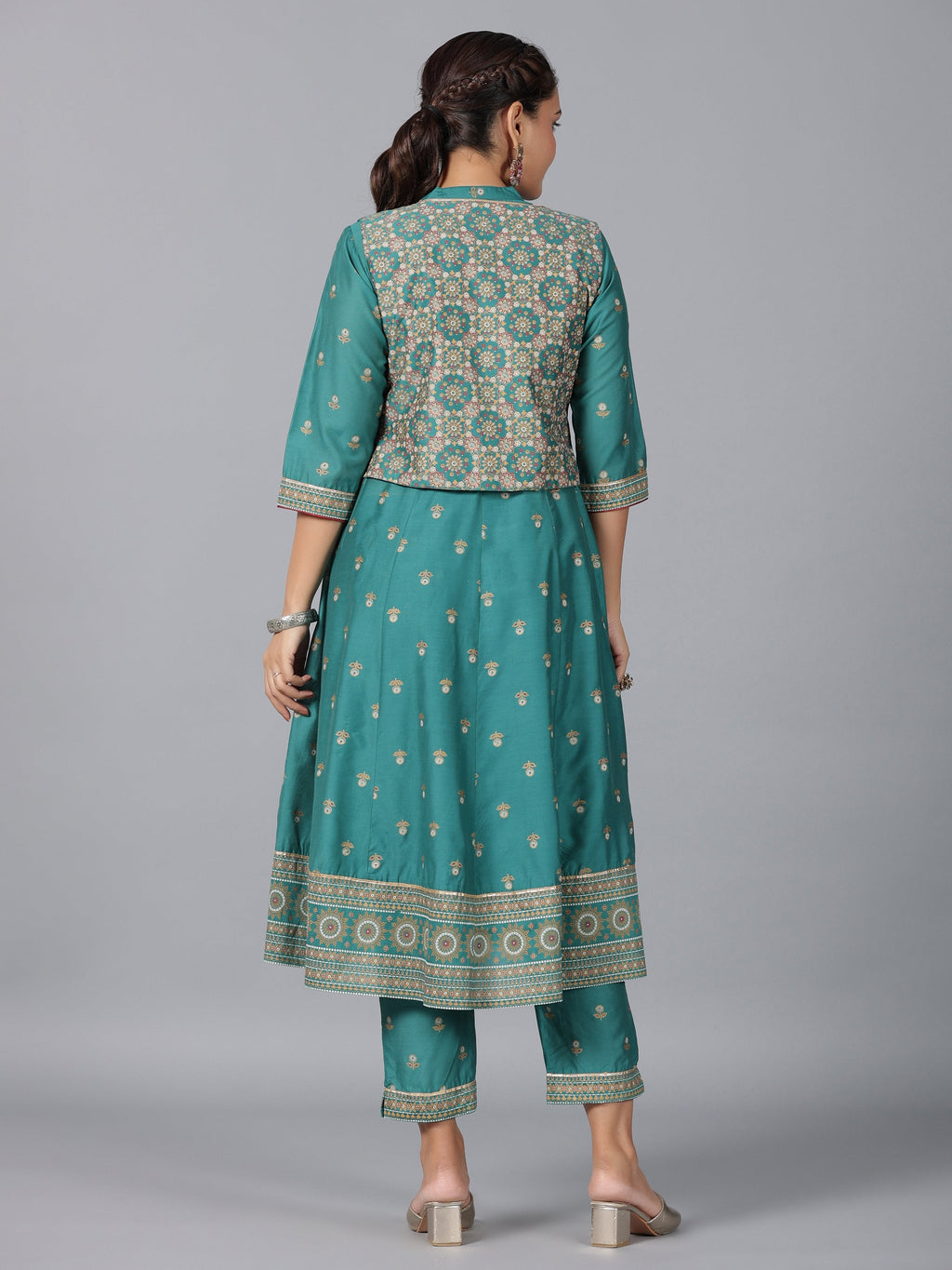 Juniper Women Teal Chanderi Printed Kurta& Pants Set | Grocsy