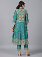 Juniper Women Teal Chanderi Printed Kurta& Pants Set | Grocsy