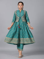 Juniper Women Teal Chanderi Printed Kurta& Pants Set | Grocsy