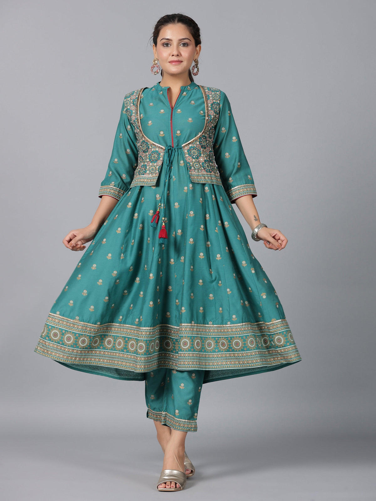 Juniper Women Teal Chanderi Printed Kurta& Pants Set | Grocsy
