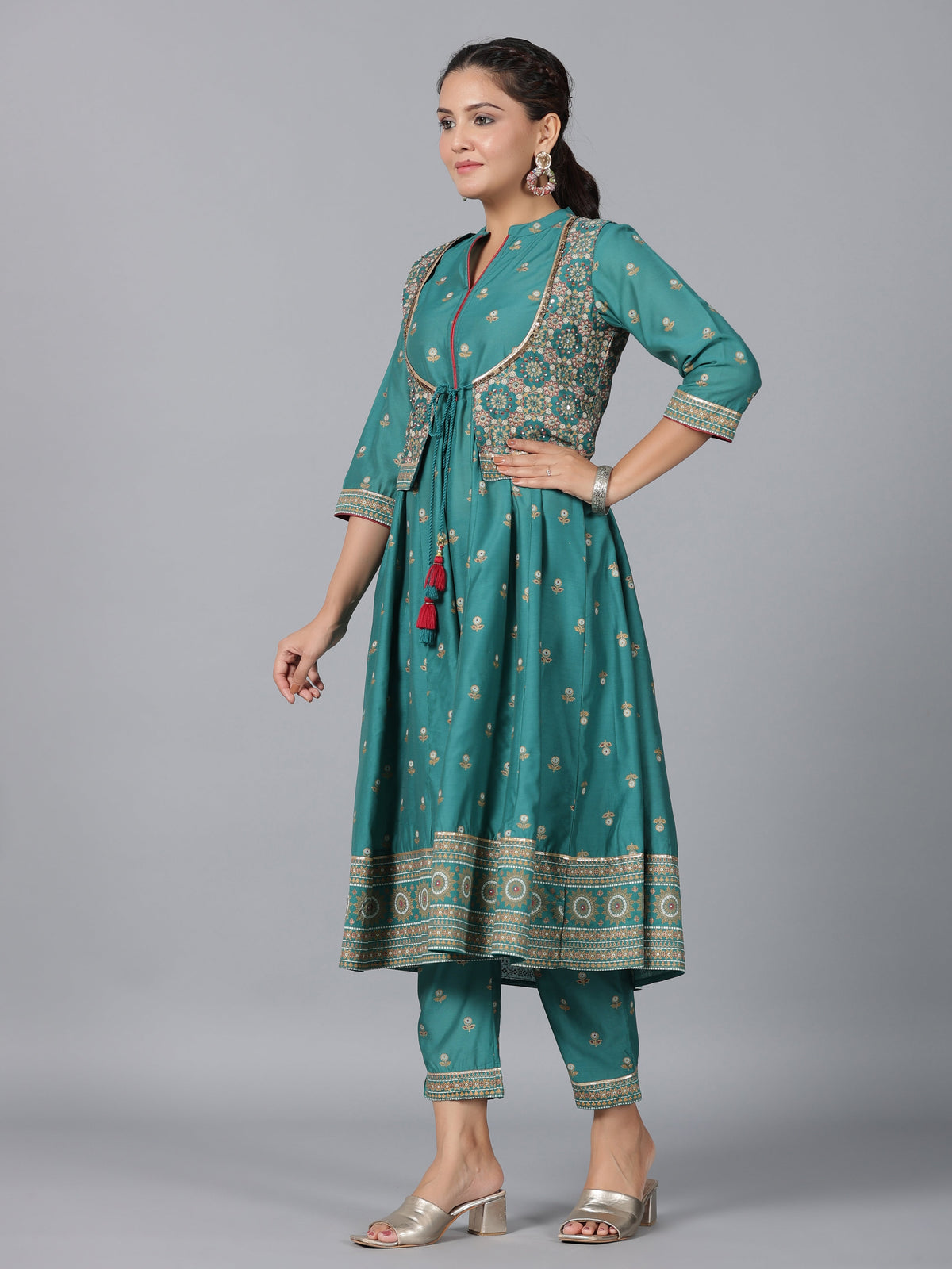 Juniper Women Teal Chanderi Printed Kurta& Pants Set | Grocsy