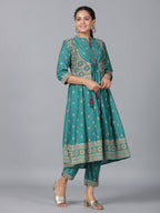 Juniper Women Teal Chanderi Printed Kurta& Pants Set | Grocsy