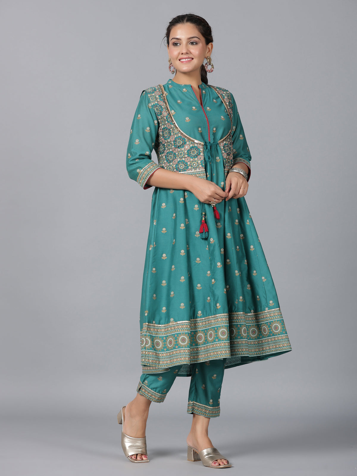 Juniper Women Teal Chanderi Printed Kurta& Pants Set | Grocsy
