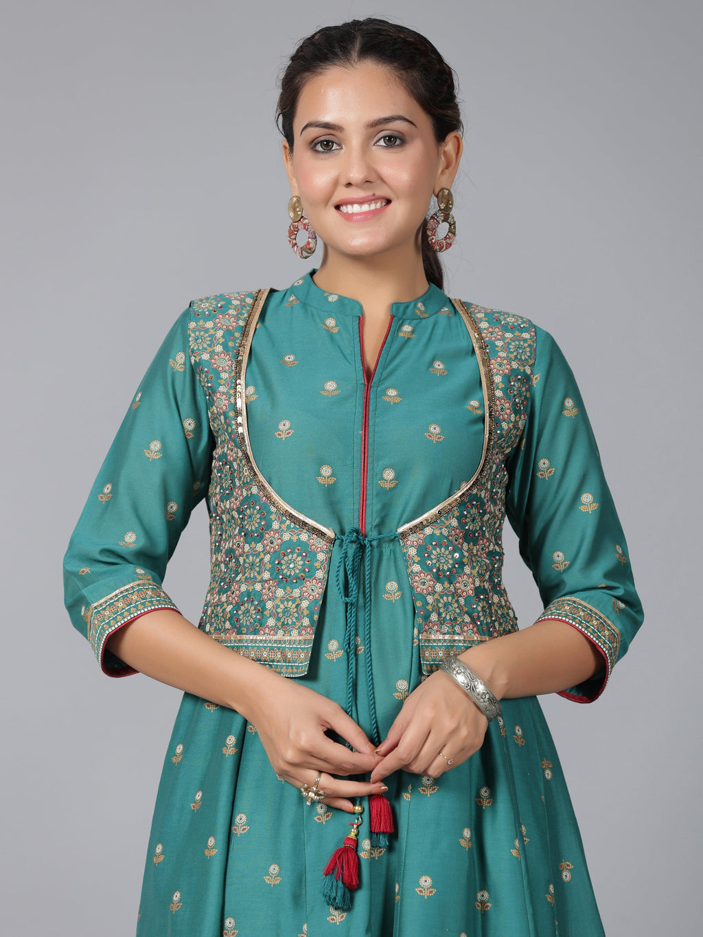 Juniper Women Teal Chanderi Printed Kurta& Pants Set | Grocsy