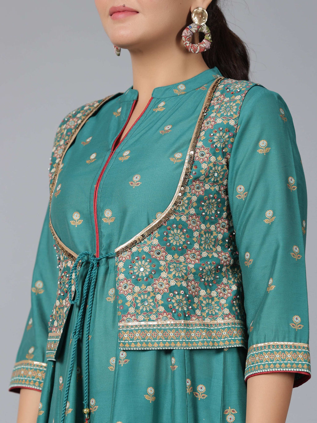 Juniper Women Teal Chanderi Printed Kurta& Pants Set | Grocsy