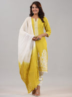 Juniper Women Lime Cotton Dobby Embroidered Kurta, Pants & Dupatta Set | Grocsy