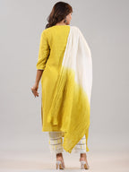 Juniper Women Lime Cotton Dobby Embroidered Kurta, Pants & Dupatta Set | Grocsy