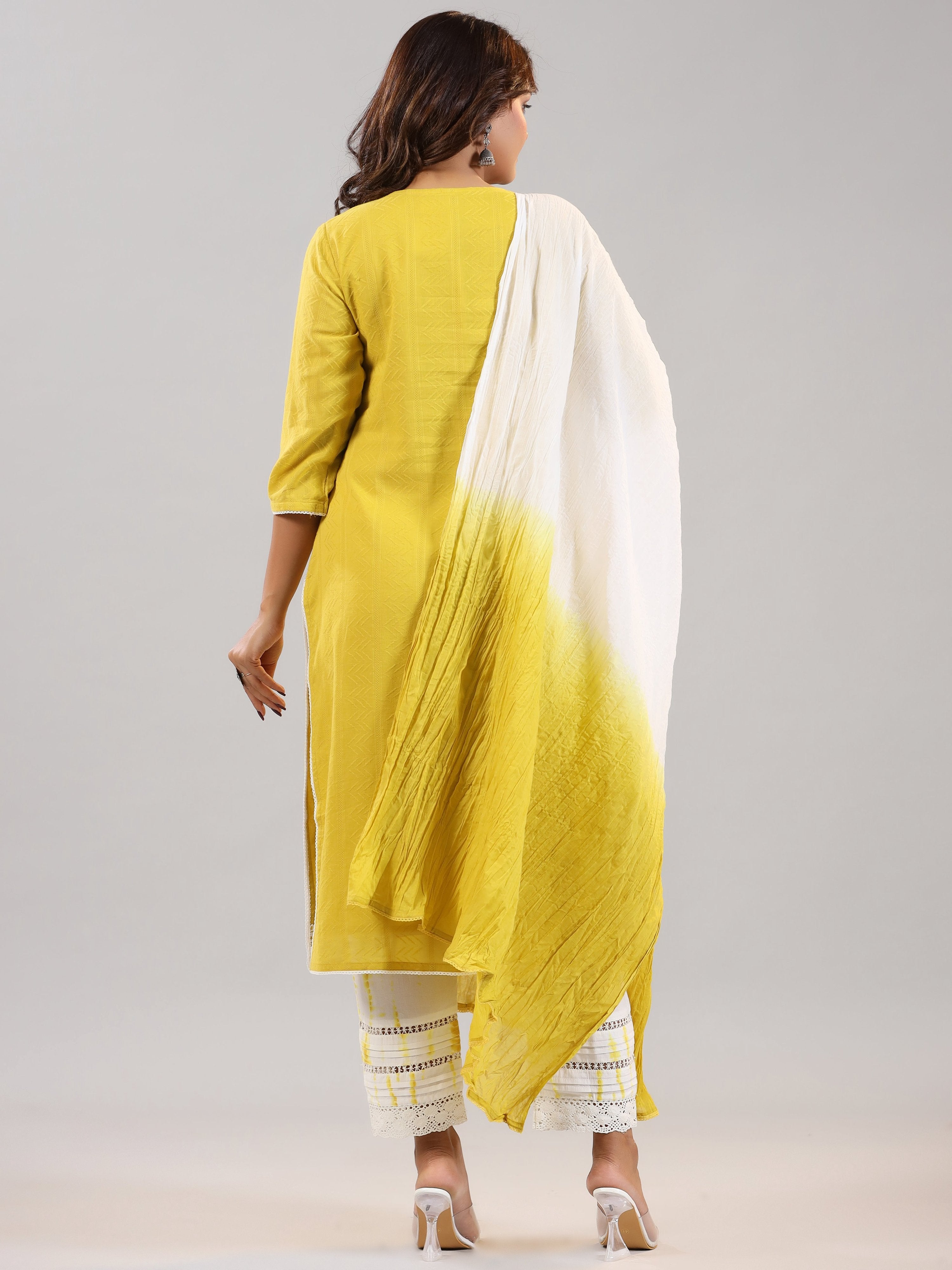 Juniper Women Lime Cotton Dobby Embroidered Kurta, Pants & Dupatta Set | Grocsy